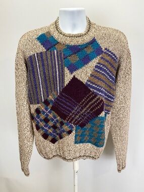 COLOURS by ALEXANDER JULIAN Beige purple blue Patchwork Crewneck Sweater size M